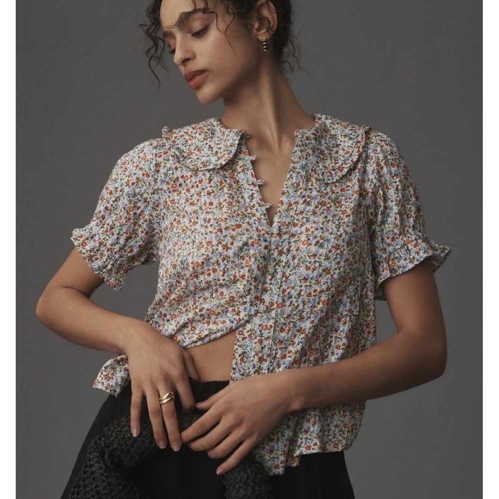 Pilcro The Keira Collared Floral Blouse XL Petite Cottage Prairie Ruffles Cotton